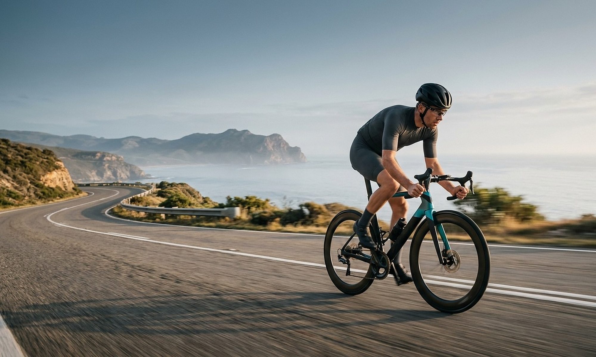 Cyclist riding a carbon road bike at speed on a coastal road